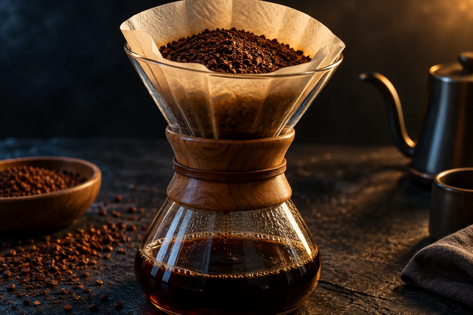 medium-coarse ground coffee for Chemex, close up